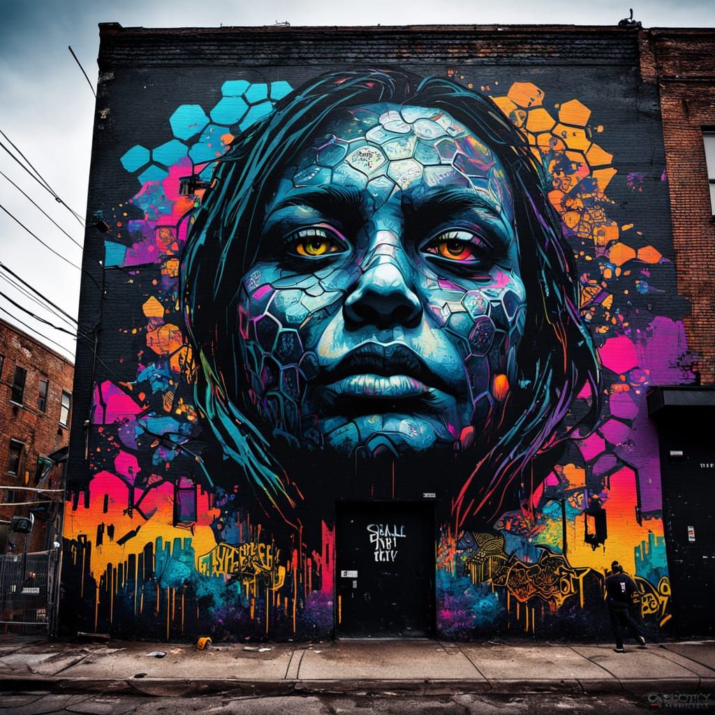 Vibrant Graffiti Hive in Neon-Lit Streets