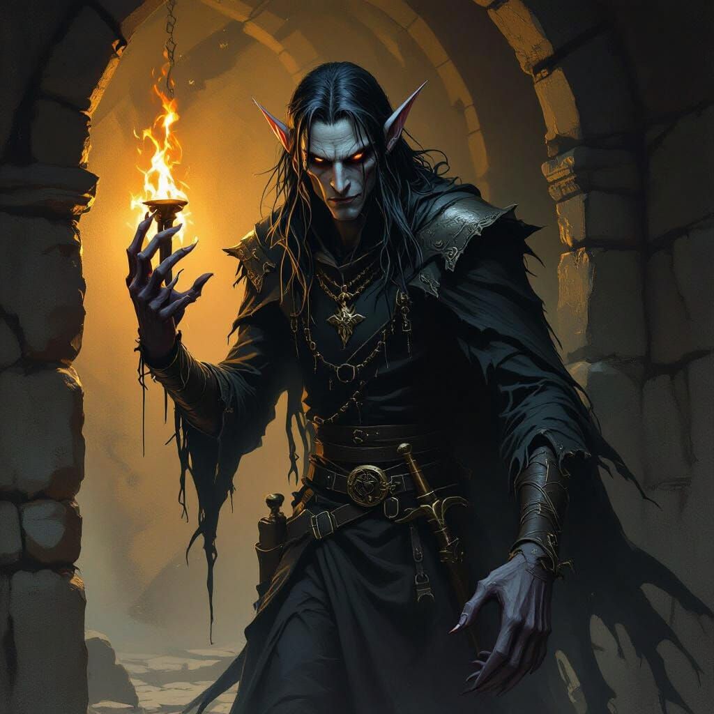 Creepy Half-Elf Emerges from Shadows in D&D Horror Art Style