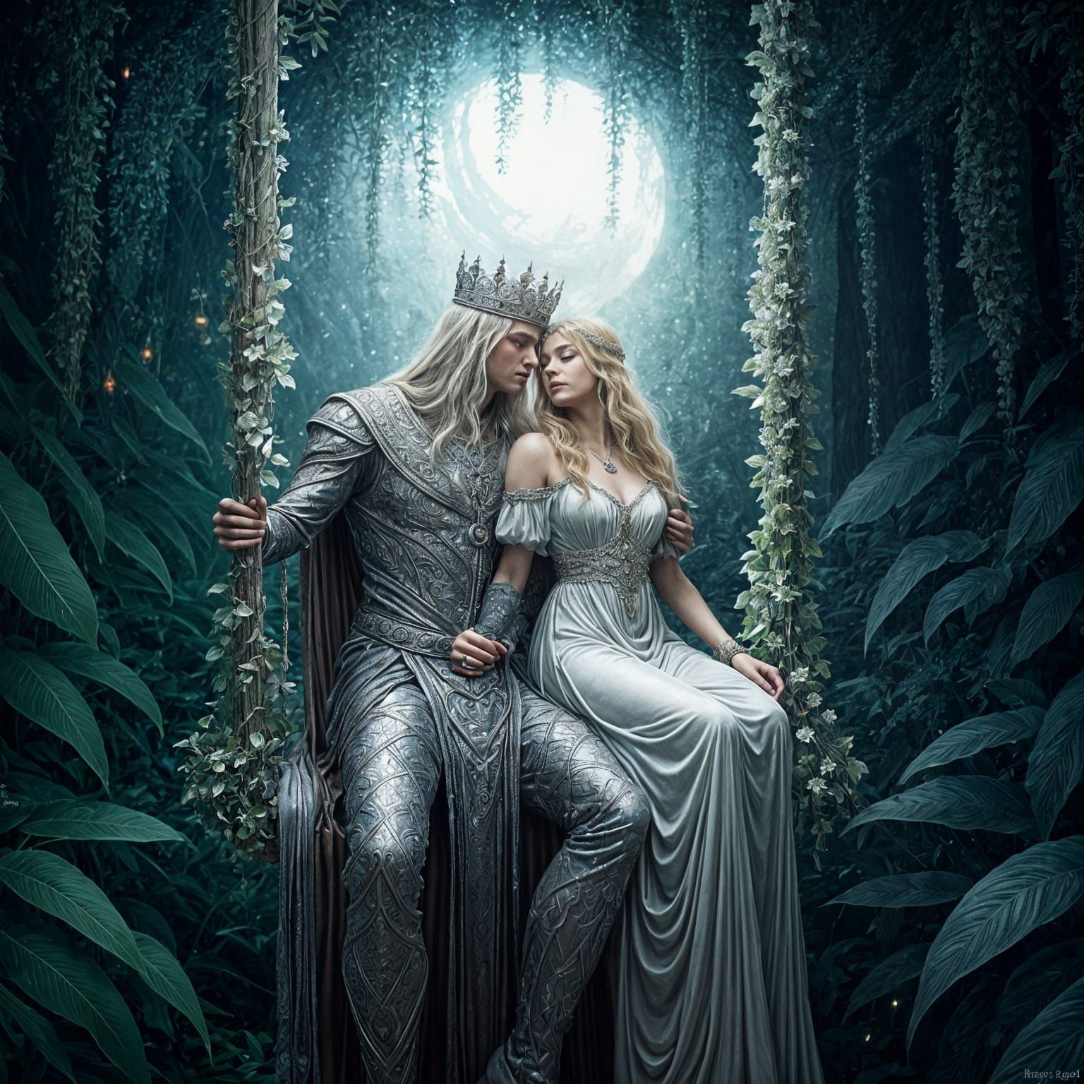 King Embraces Queen on Moonlit Swing
