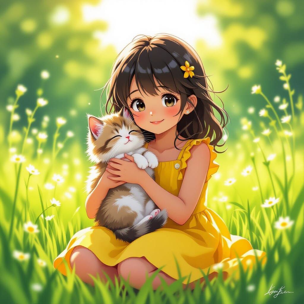 Adorable Girl with Kitten in Meadow, Vibrant Colors