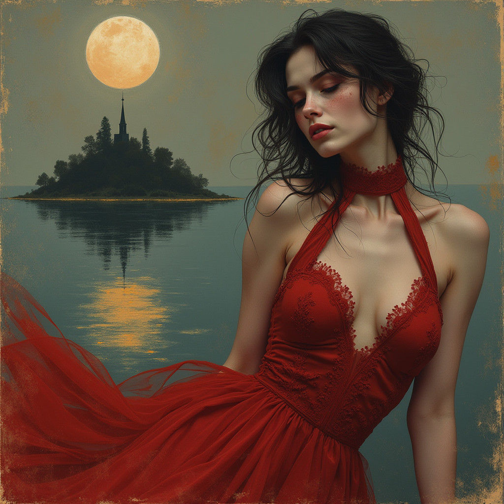 Melancholic Woman in Red Gown, Art Nouveau Style