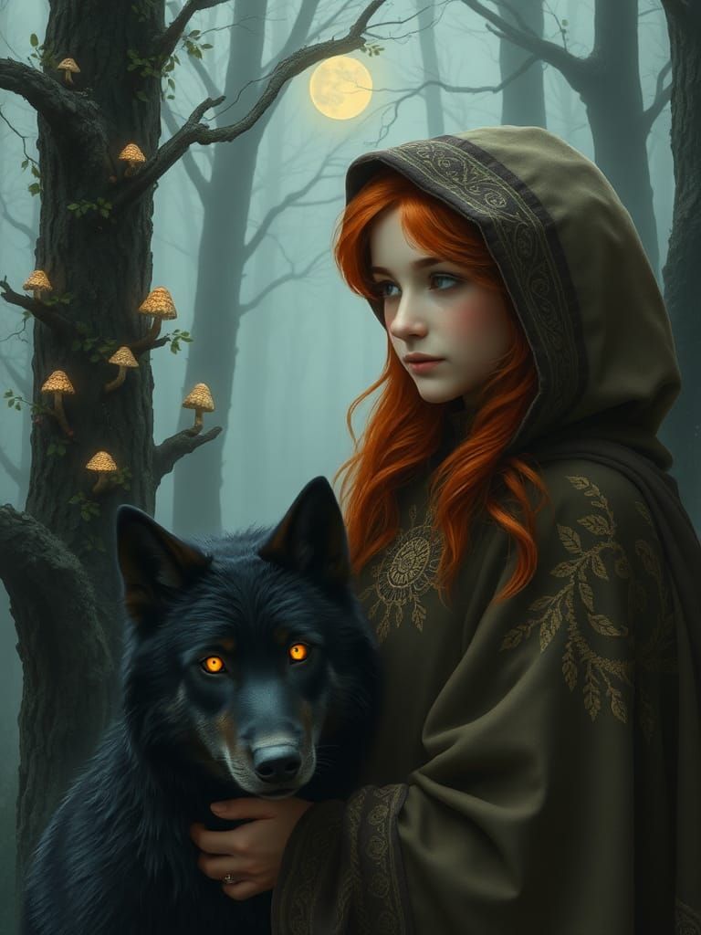 Girl and Wolf in Misty Forest, Dreamy Art