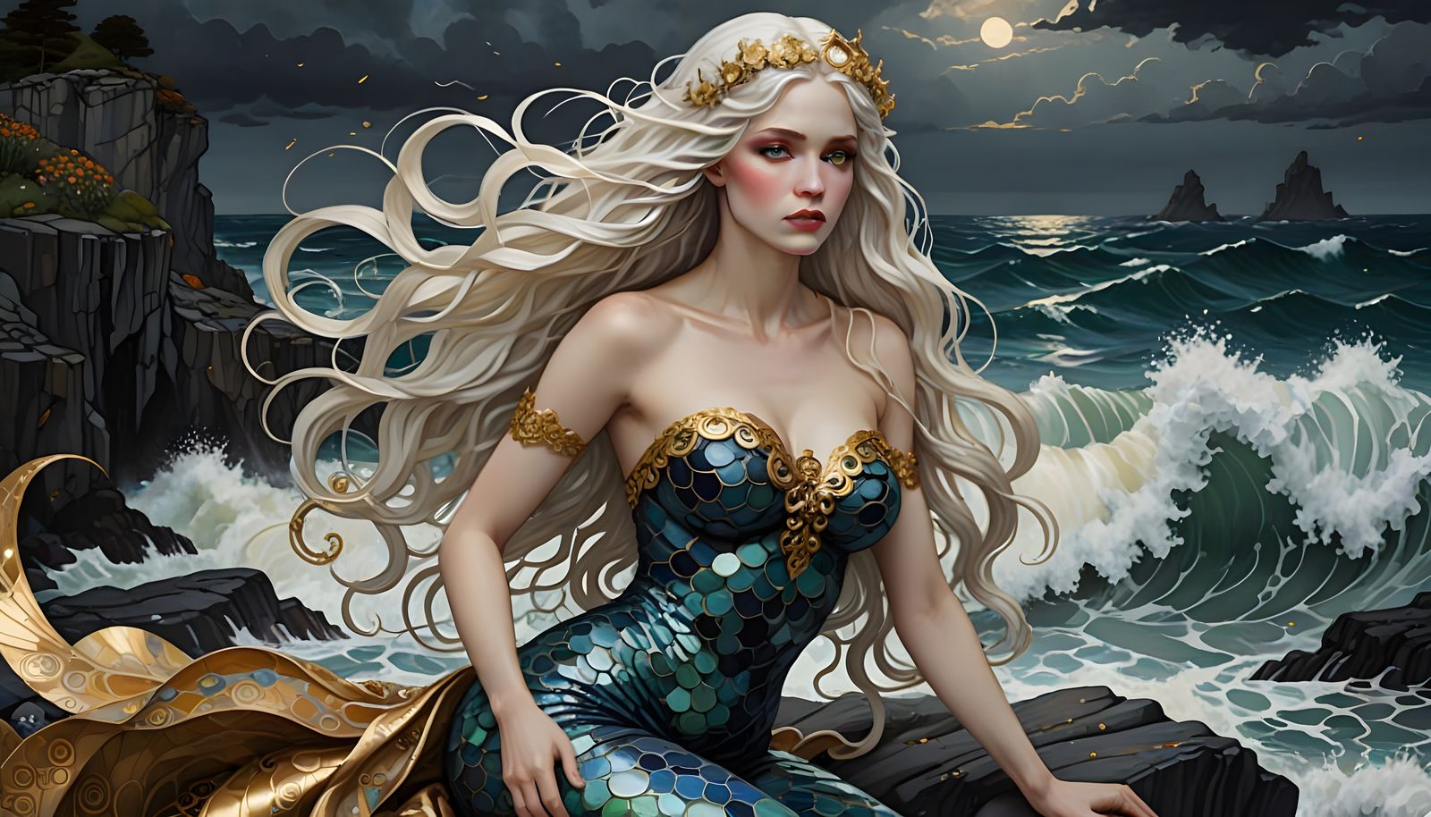 Mermaid in Klimt Style on Stormy Sea