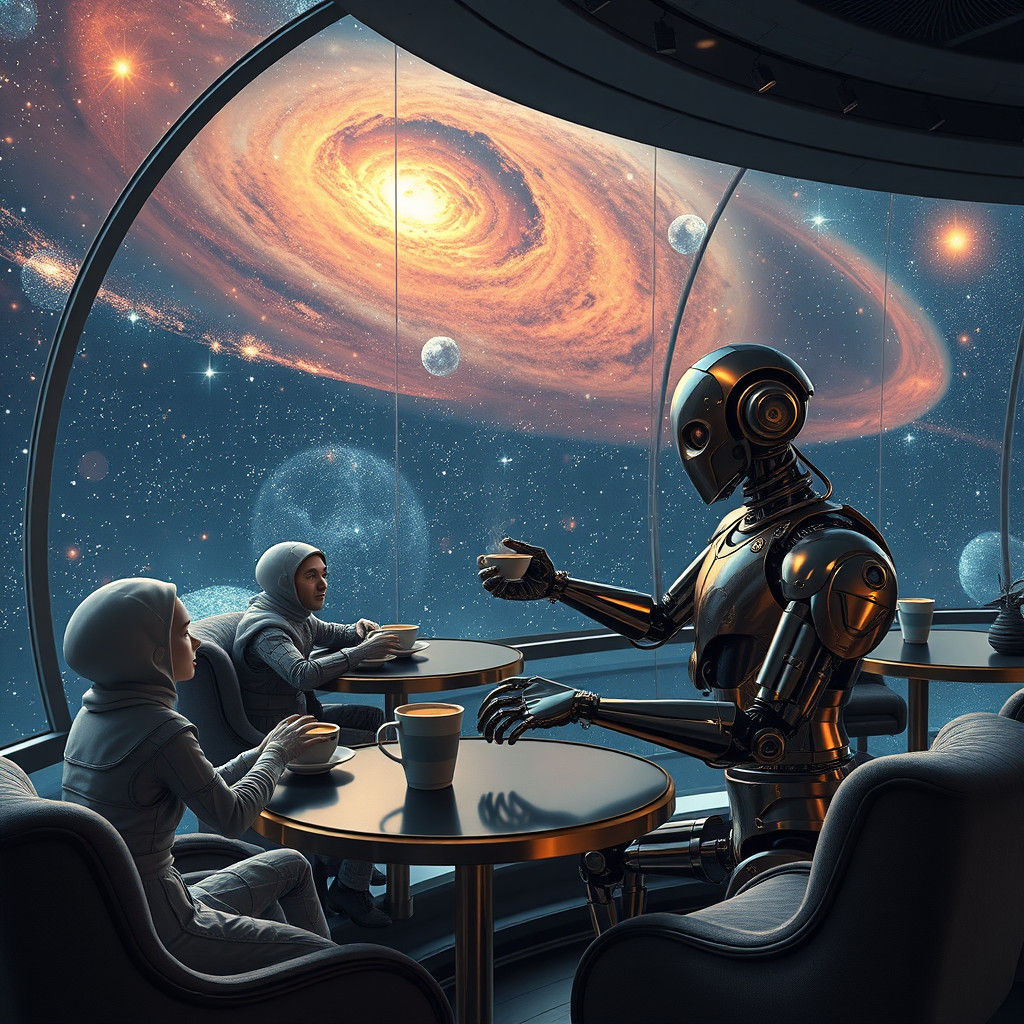 Futuristic Space Coffee Shop with Astronauts and Aliens