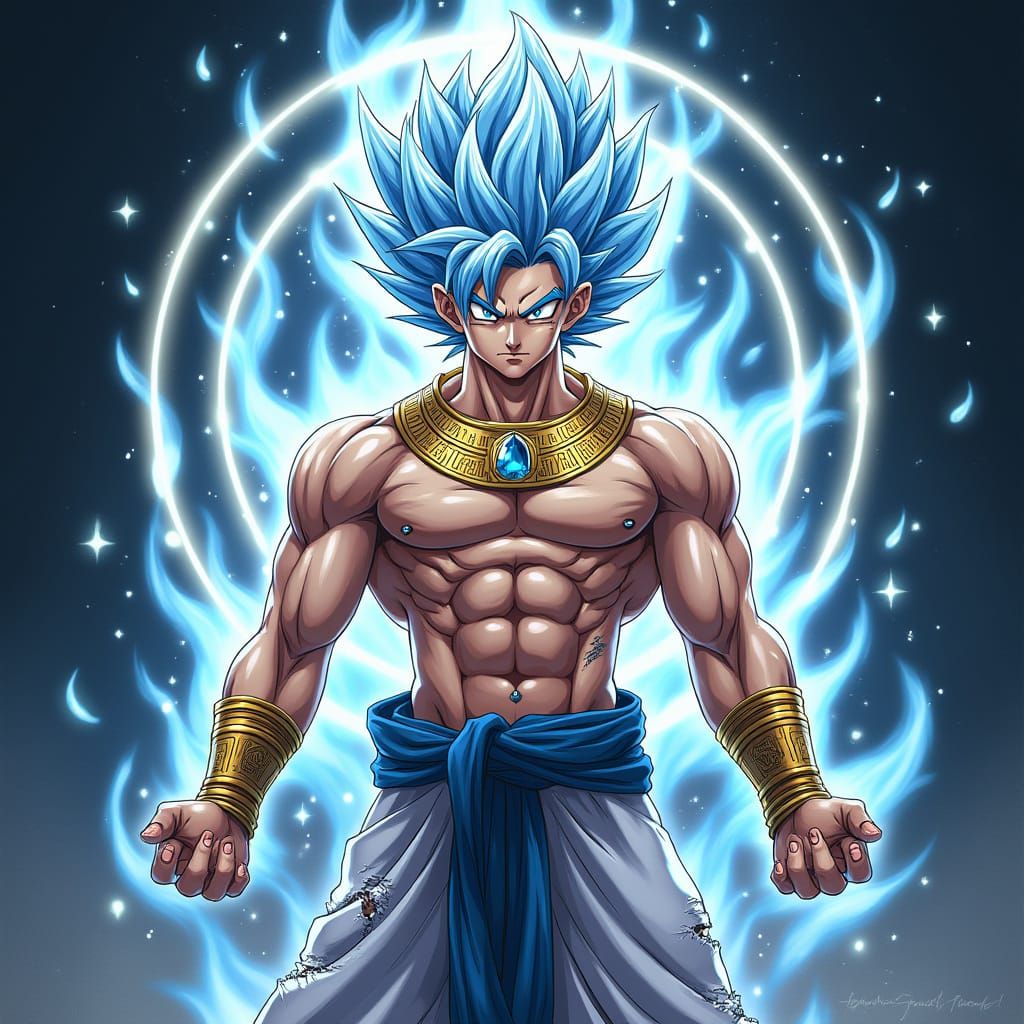 Divine Anime Warrior with Radiant Silver-Blue Hair and Golde...