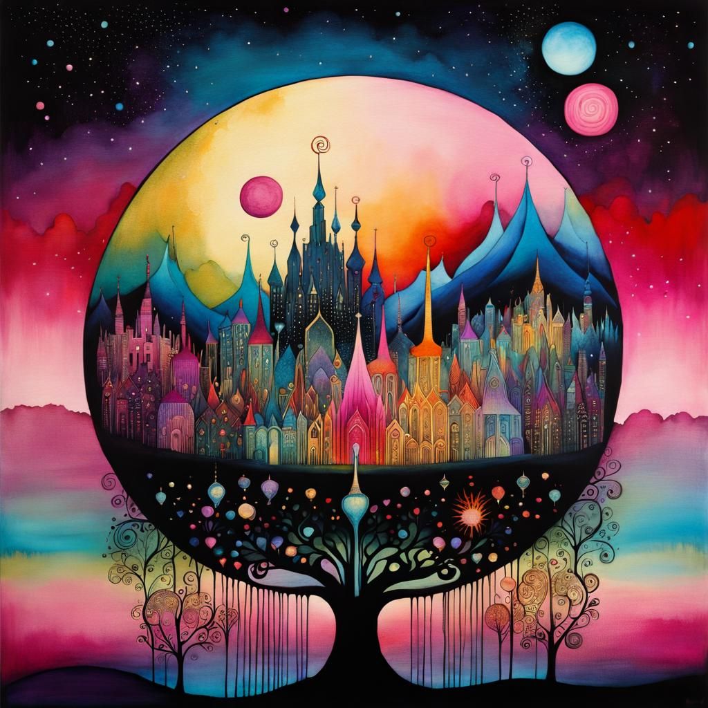 Luminous Alcohol Ink Cityscape in HR Geiger Style