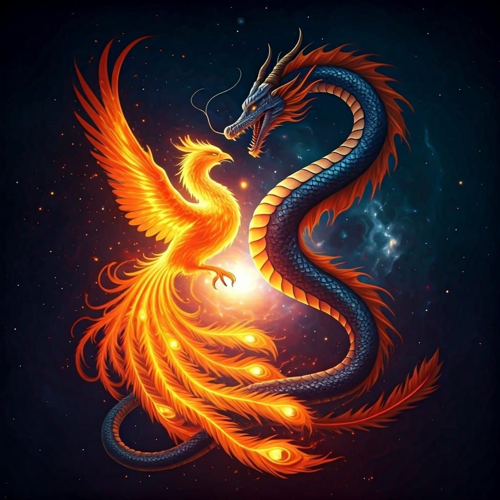 Cosmic Dance: Dragon and Phoenix Fantasy Concept Art