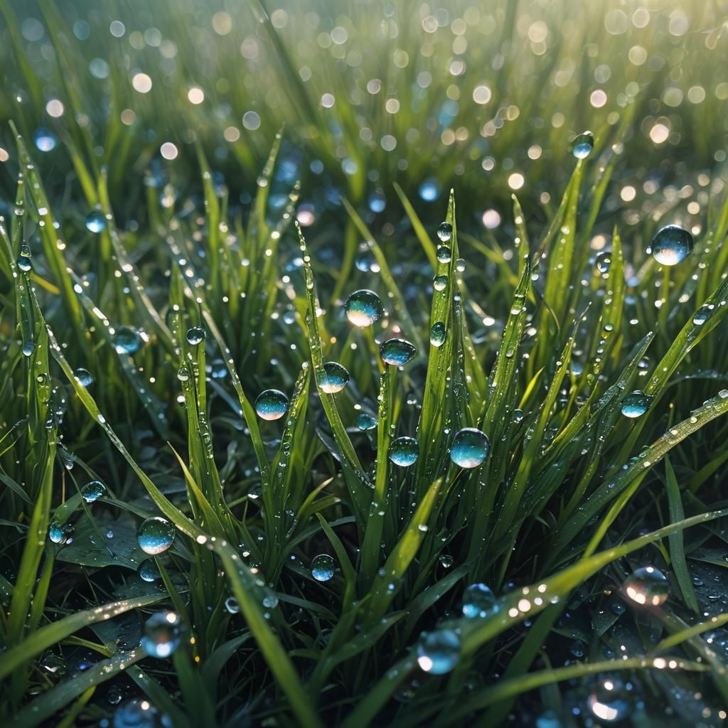 Glistening Dew Drops on Green Grass: Macro Photography