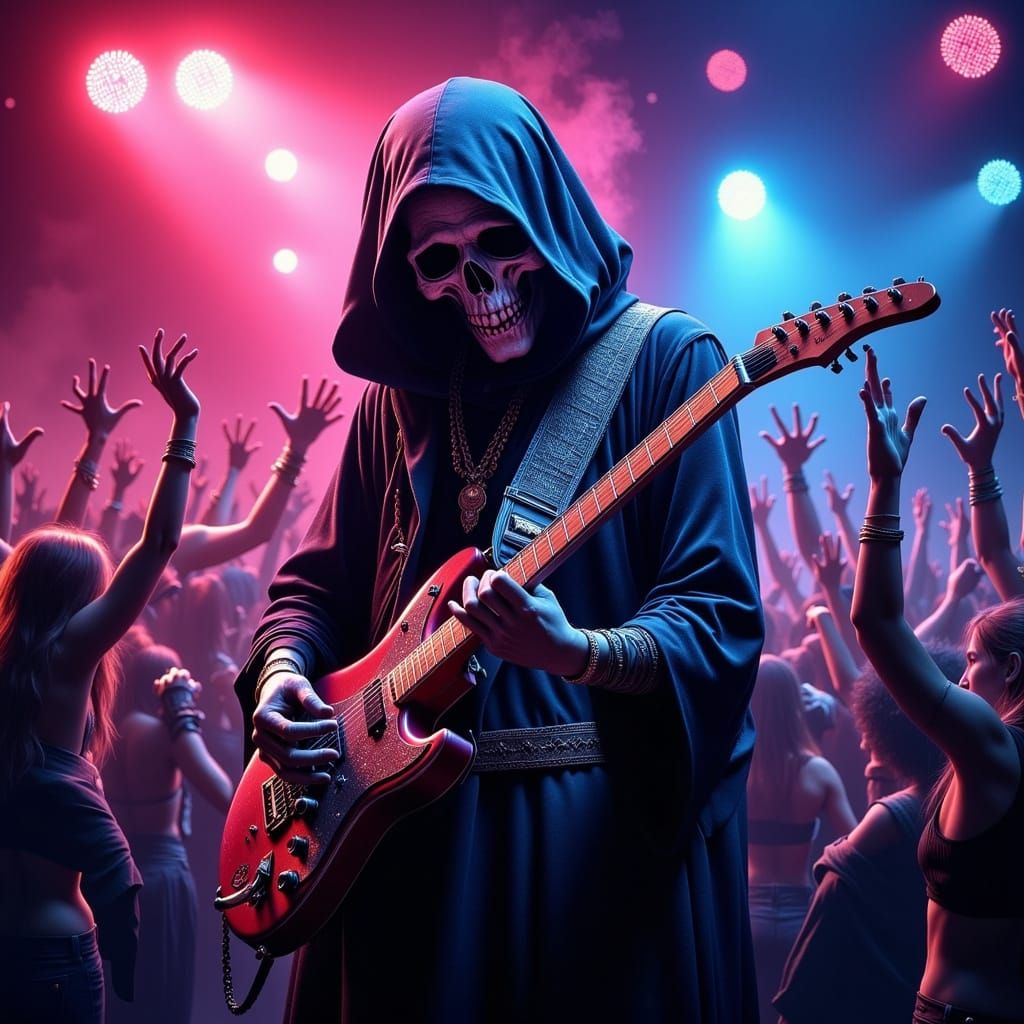 Grim Reaper Rocks Out in Neon Grunge Stadium