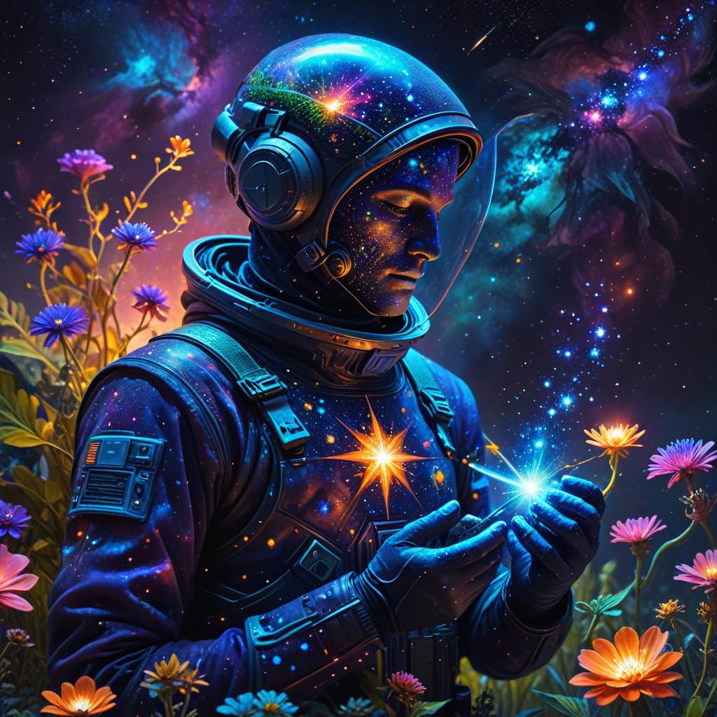 Cosmic Gardener Tending Stars: Surreal Oil Painting