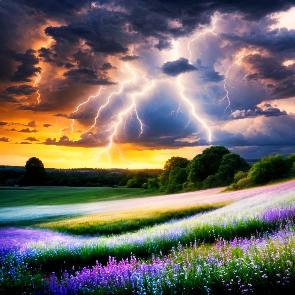 Luminous Storm Over Flower Field as Matte Painting
