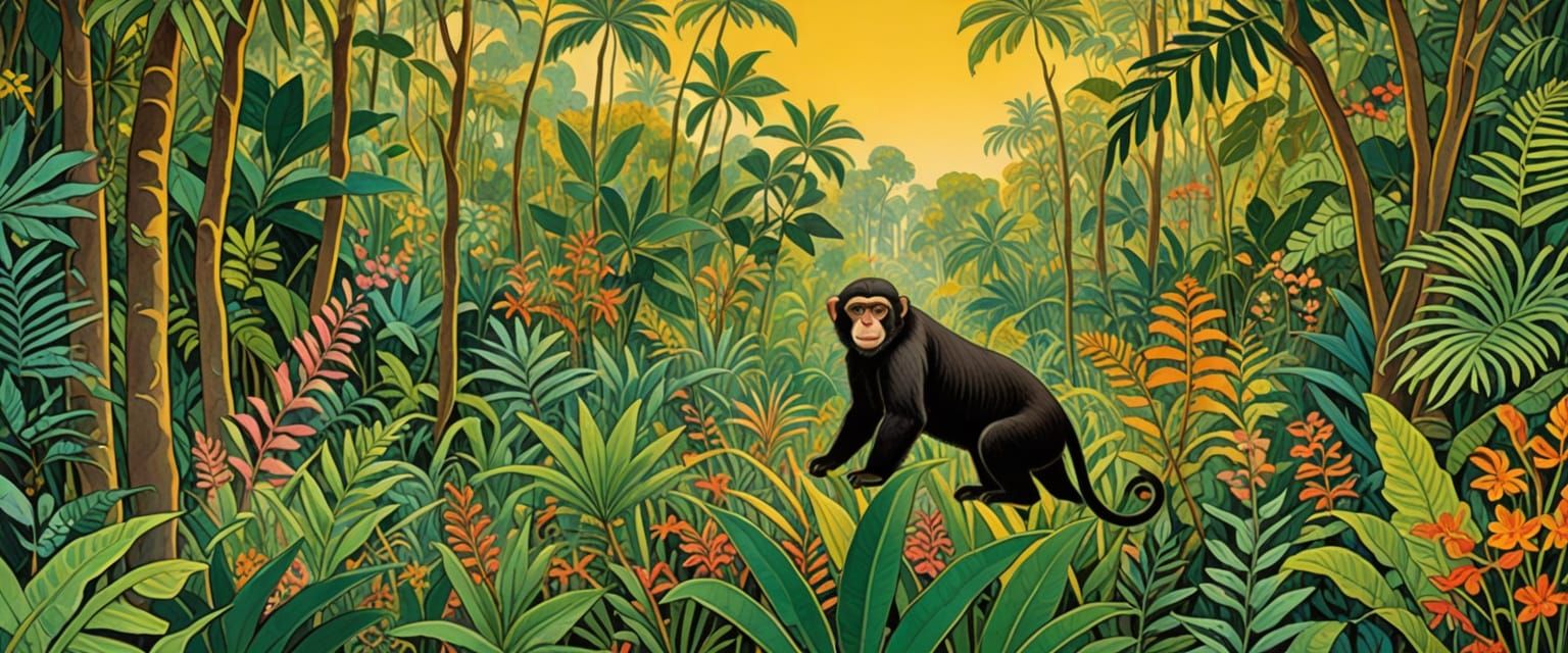 Naive Tropical Jungle Landscape with Monkeys in Golden Light