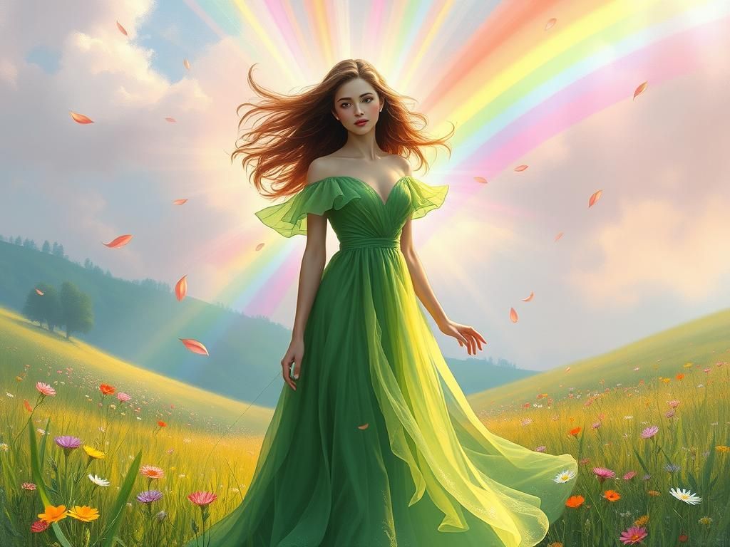 Woman in Green Radiating Rainbow Light