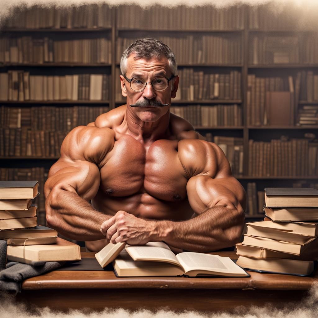 Muscular Professor Reading Books in University Classroom