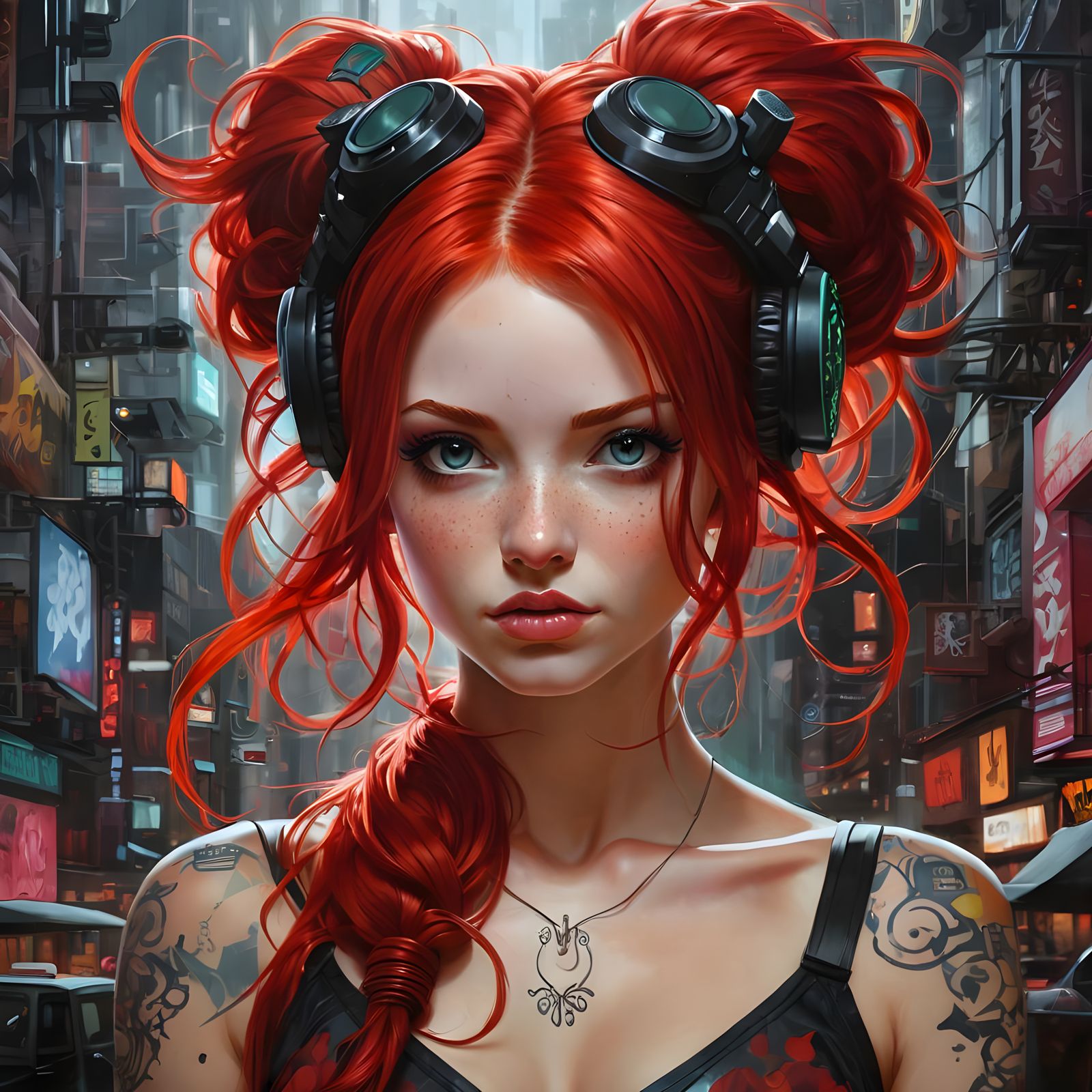 Gorgeous Red-Haired Woman in Cyberpunk Graffiti Art Style