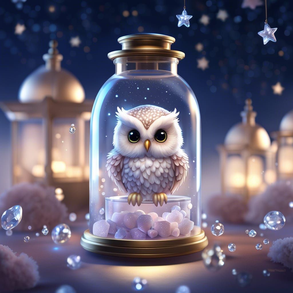 Chibi Owl in a Bottle with Crystal Stars