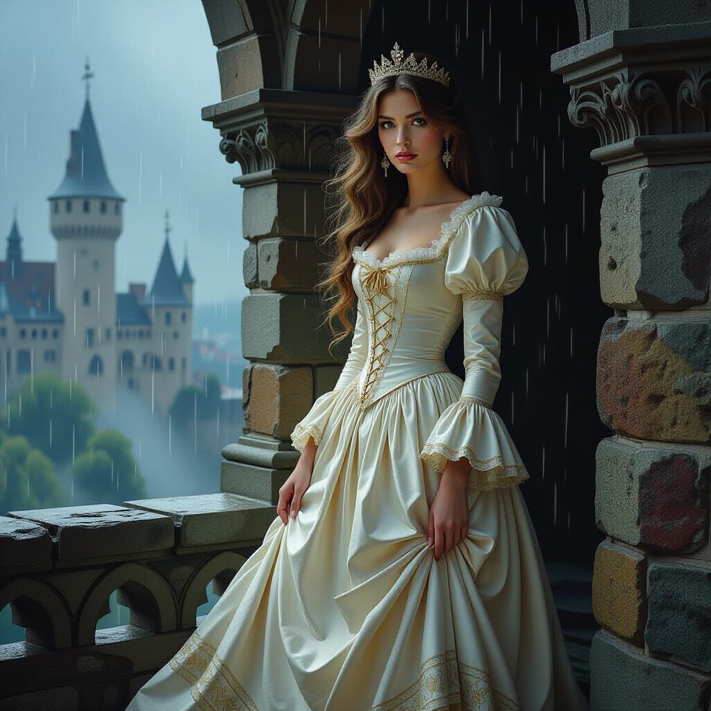 Princess in Turret Amidst Stormy Weather