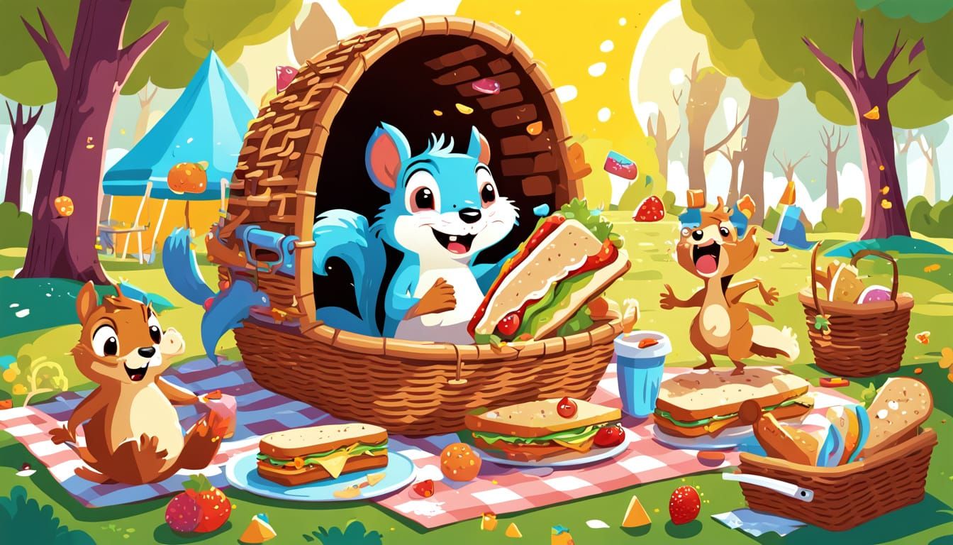 A cheeky cartoon squirrel hiding inside a picnic basket, popping out with a sandwich