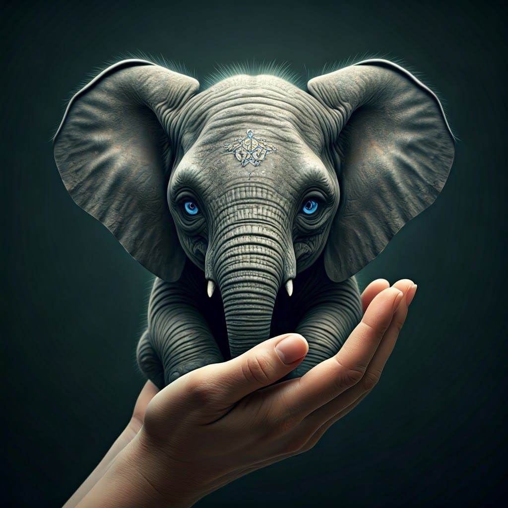 Miniature Blue-Eyed Elephant in Hand: Hyperrealistic Film St...