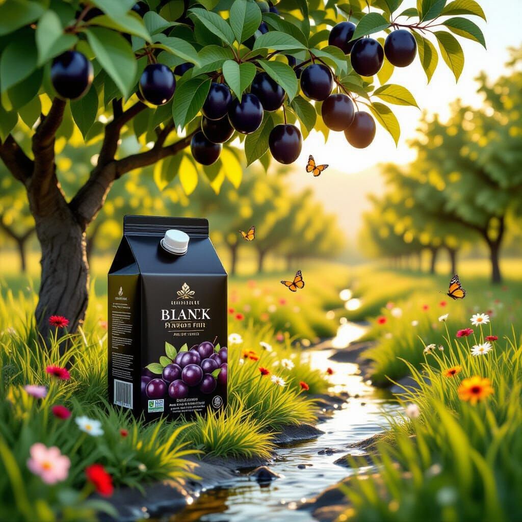 Black Plum Juice Carton in Hyper-Realistic Orchard