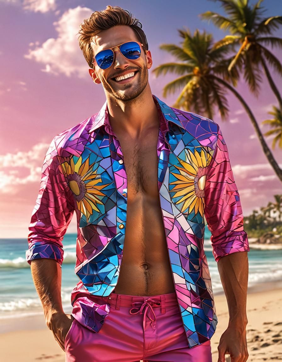 Hyperrealistic Stained Glass Man on Beach