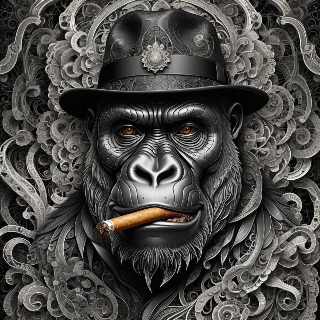 Abstract Gorilla Logo with Cigar in Fractal Art Style