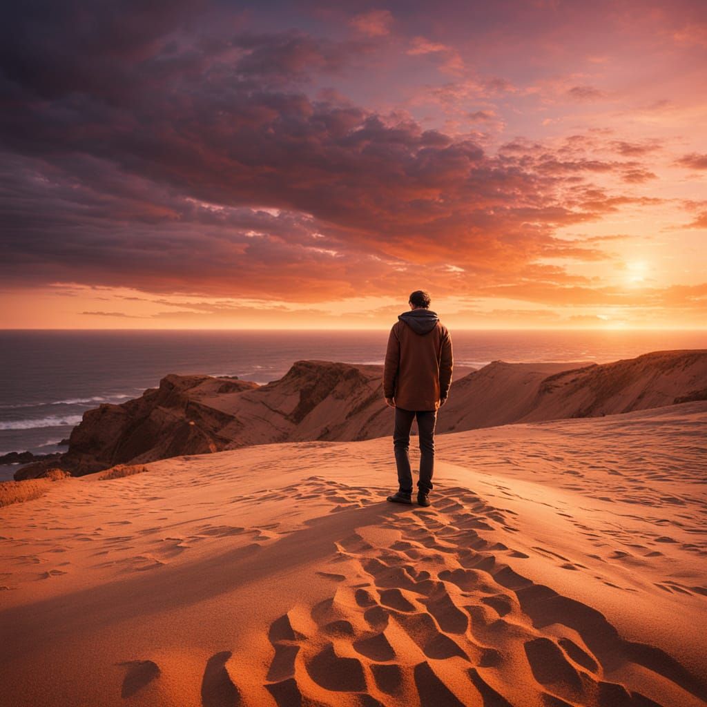 Sand Man Dissolving in Sunset: Cinematic Photography