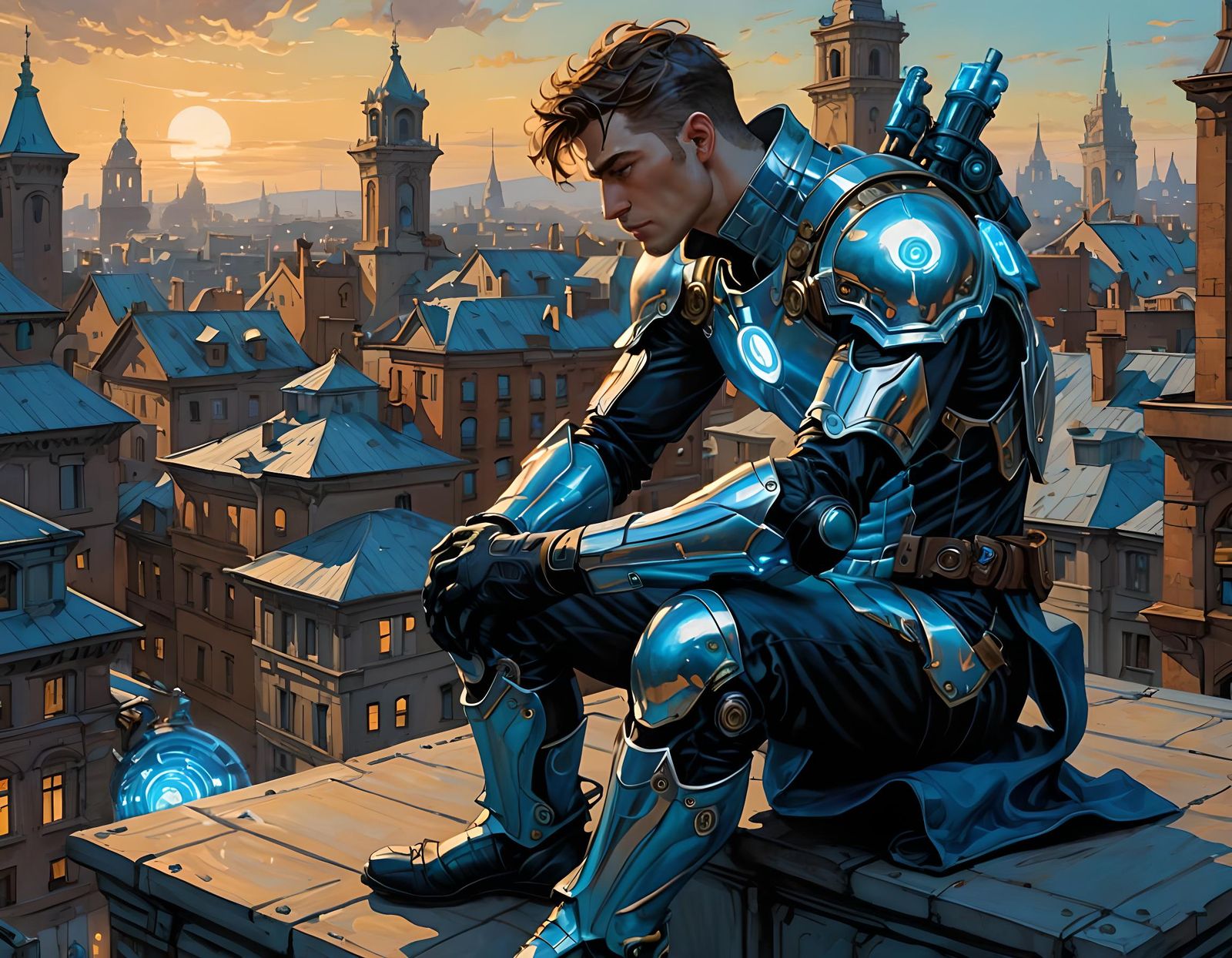 Mechanical Superhero Contemplates Cityscape