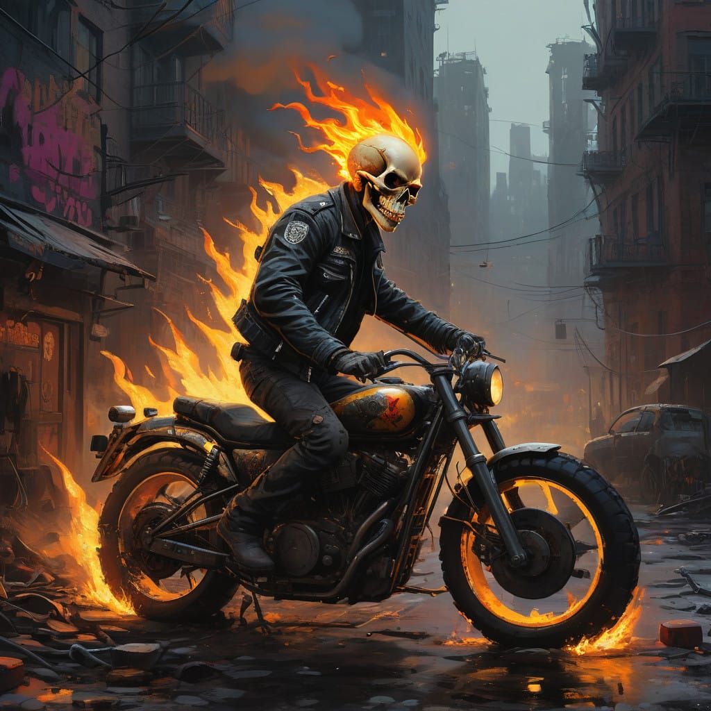 Ghost Rider in a Fiery, Gritty Cityscape