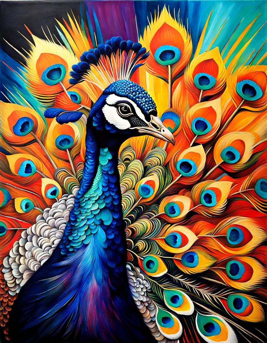 Iridescent Peacock Feather in Pop-Art Sumi-e Style