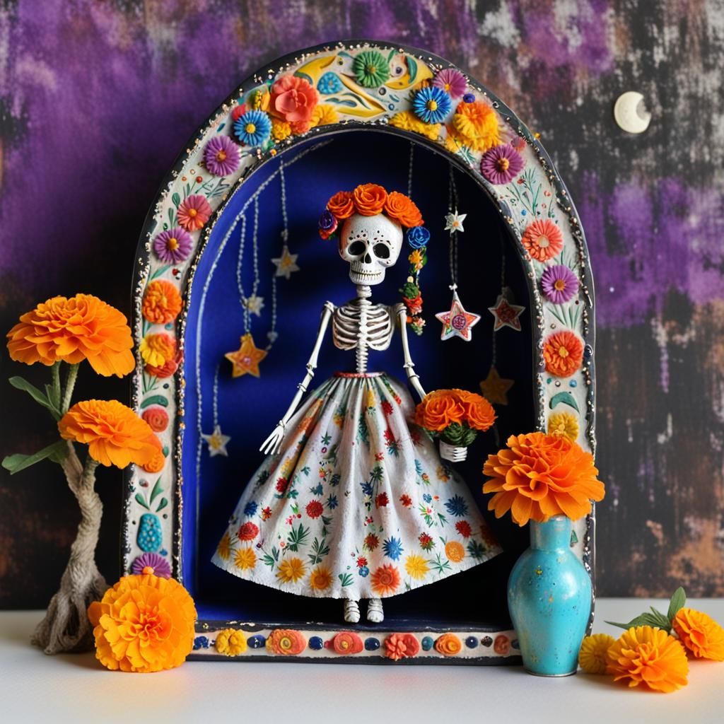 Day of the Dead Tin Nicho with La Catarina