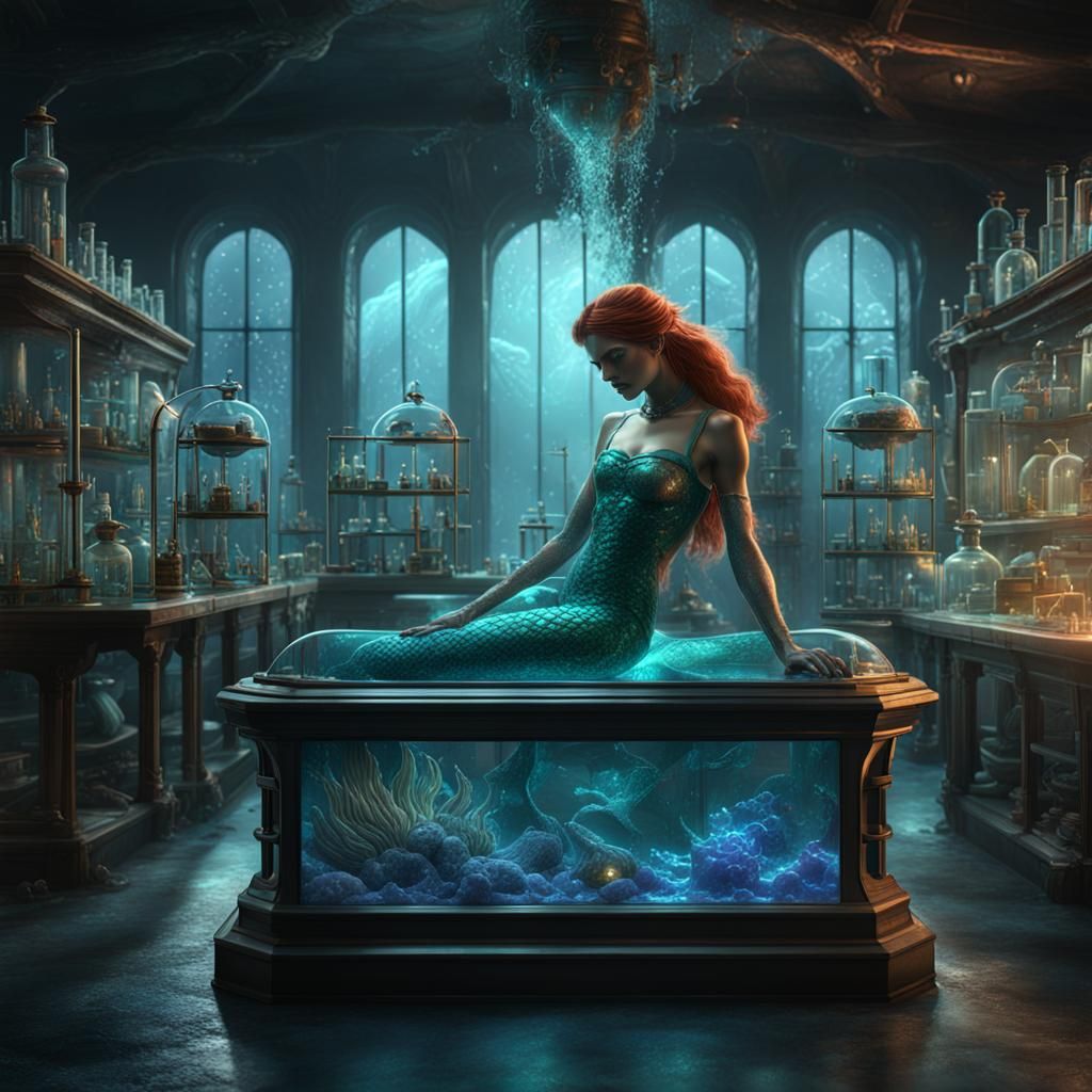 Glass Coffin Mermaid in Laboratory, Detailed Matte Painting