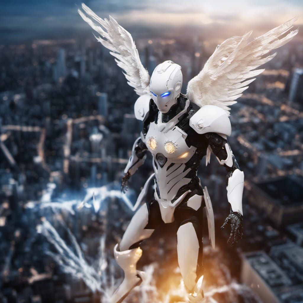 Cyborg Angel Above Floating City in 4K