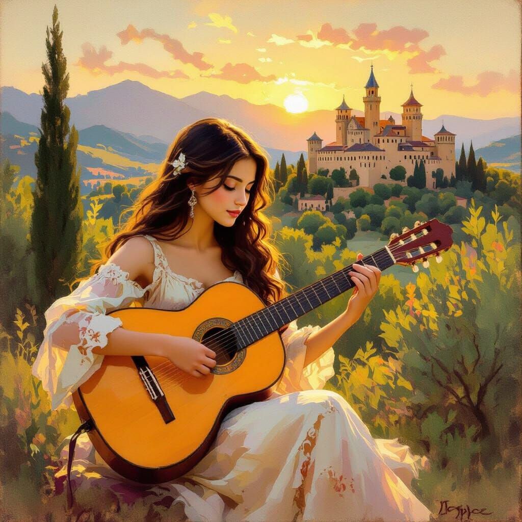 Spanish Strings Guitar Laments In Sunset Gold Shimmers...