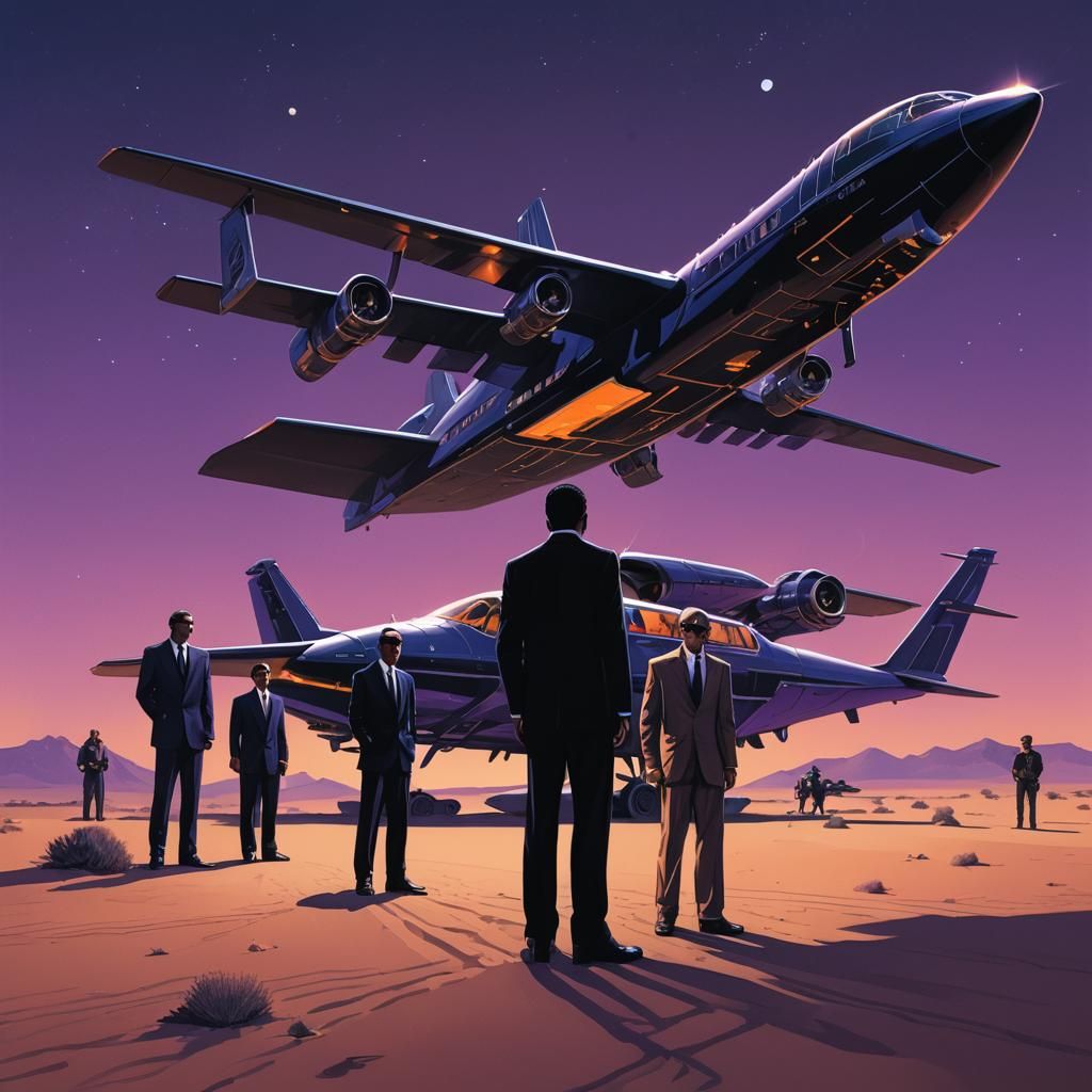 Men in Black Stand Beside a Sleek, Metallic Plane in a Deser...
