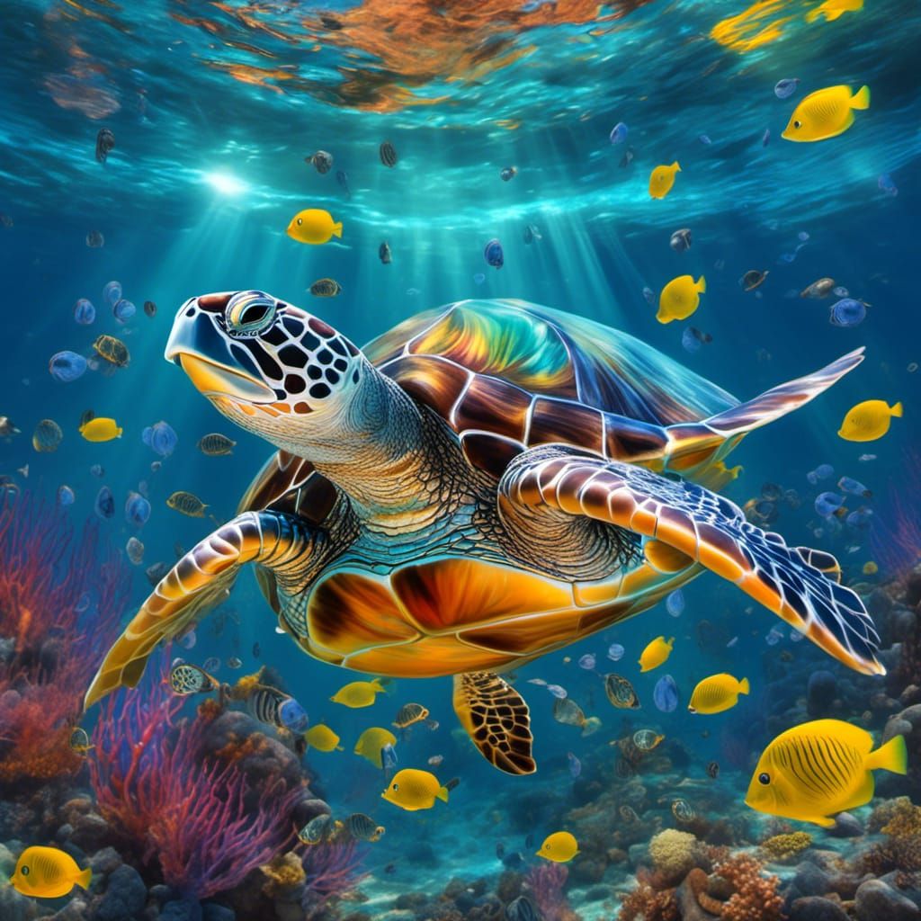 Glass Sea Turtle with Angel Fish: Hyperrealistic Splash Art