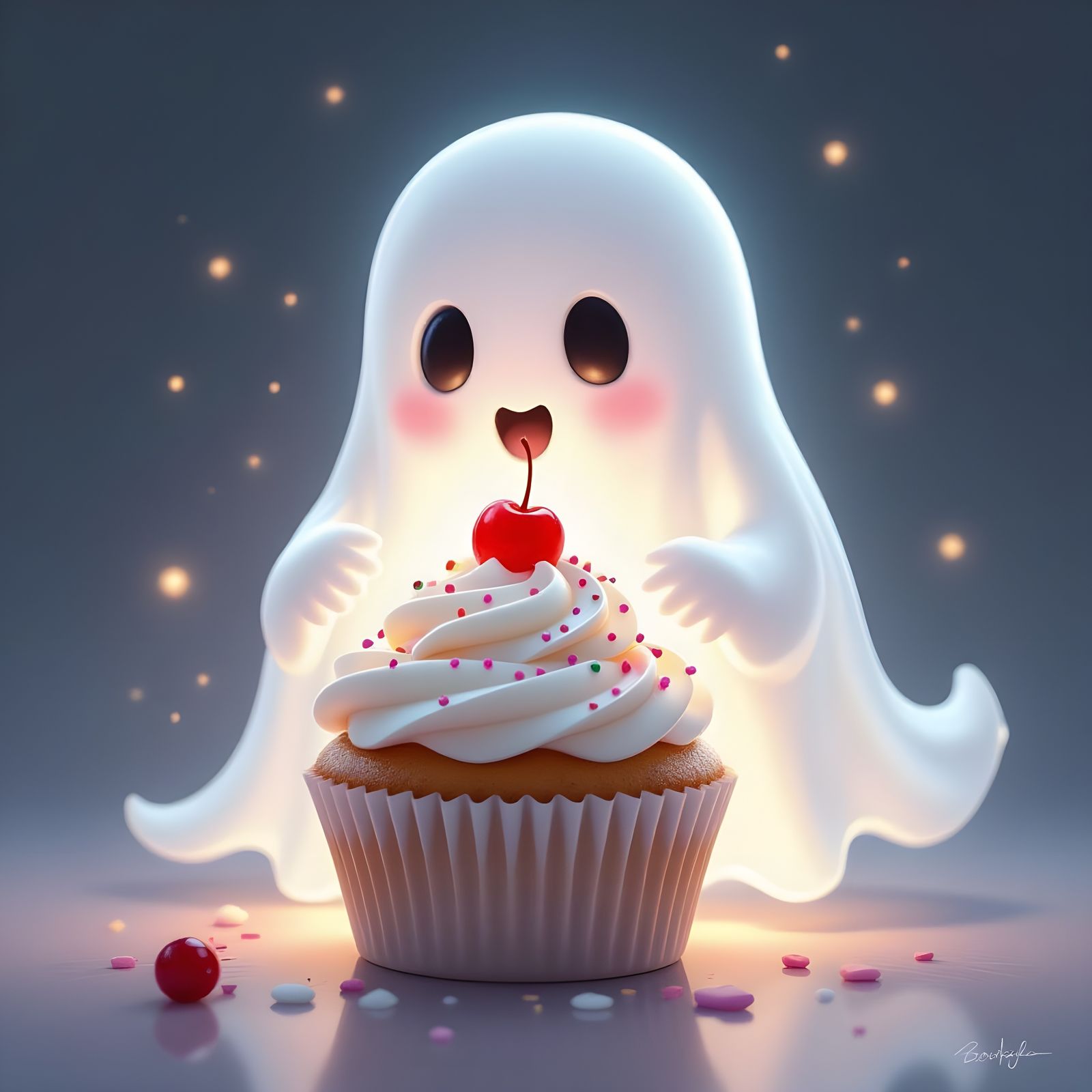 Ethereal Ghost Enjoys Sweet Cupcake in Fantasy Art