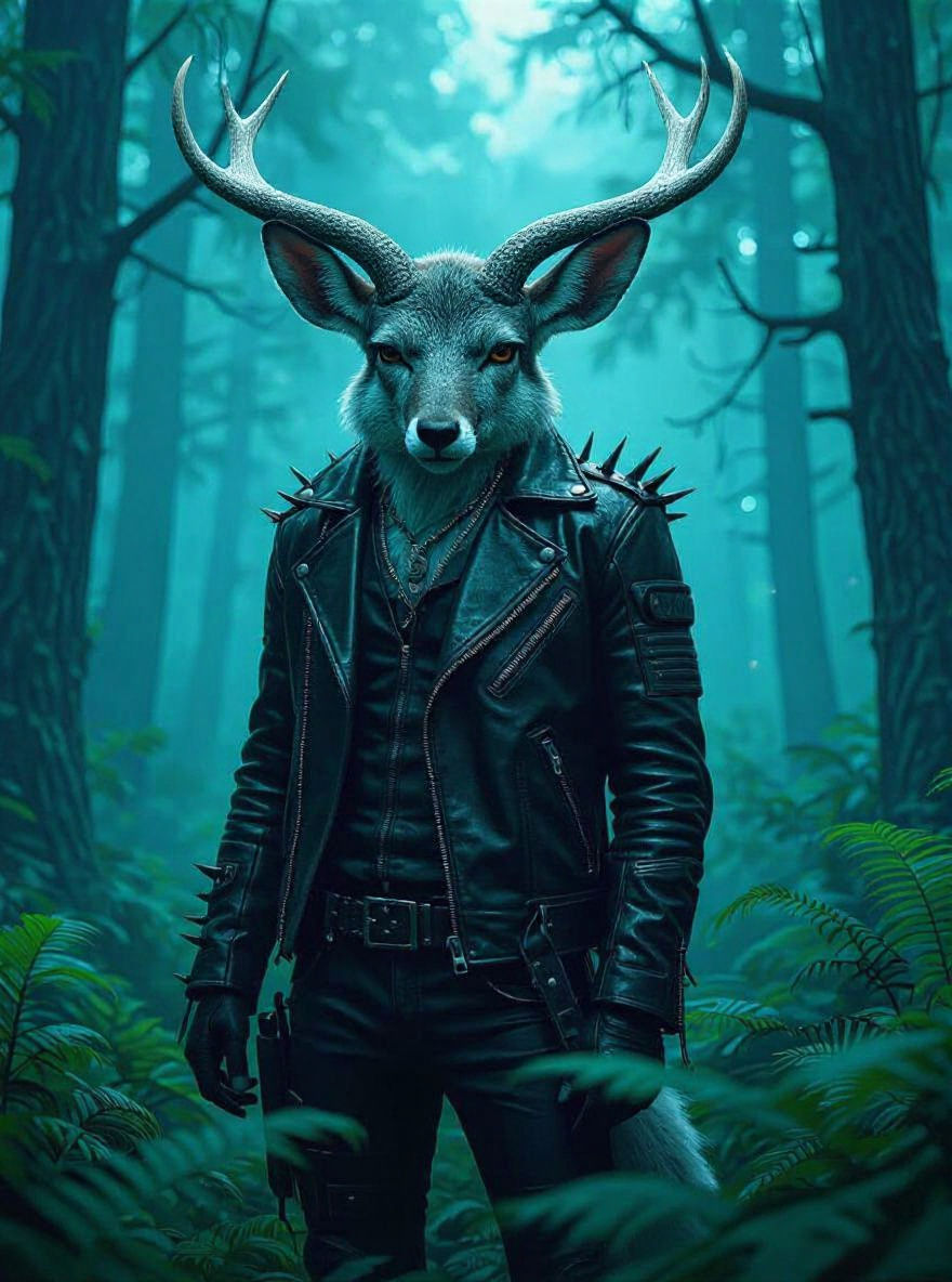 Cyberpunk Jackalope in Neon Forest