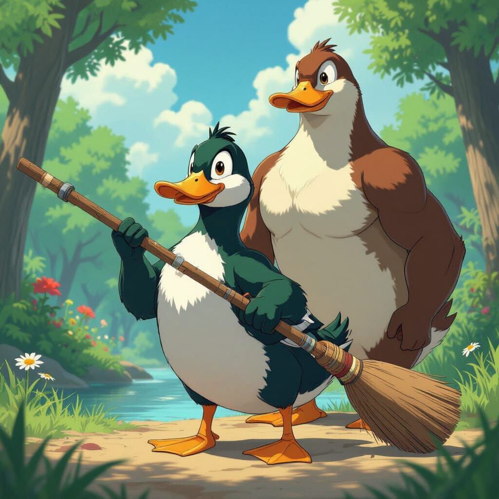 Ducks Armed with Tech Broom in Anime Style