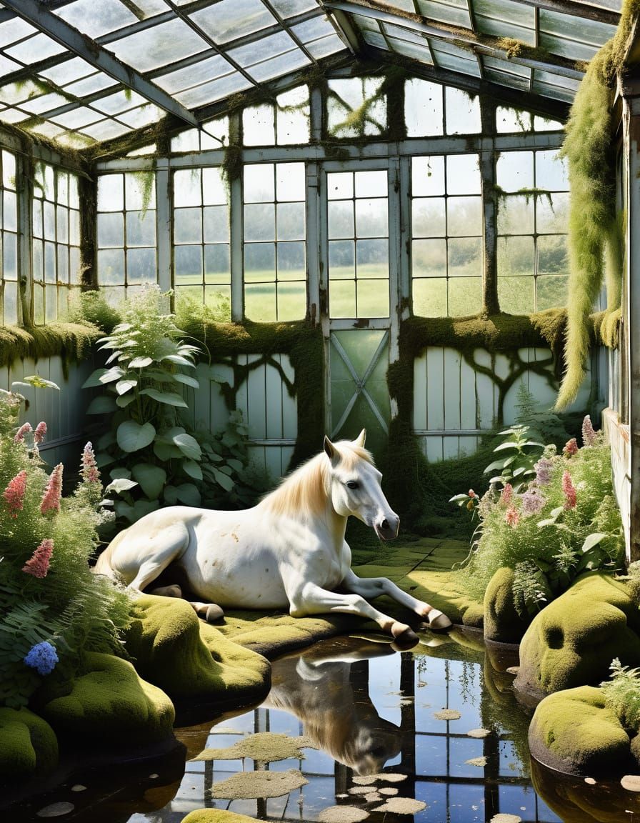 Dog Resting in Overgrown Greenhouse, Painterly Realism