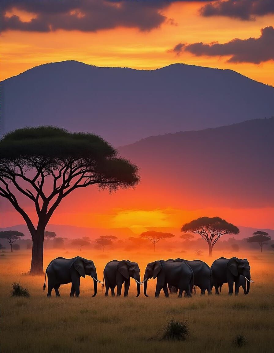 Elephants at Sunset on Savanna, Fauvist Wildlife Photography
