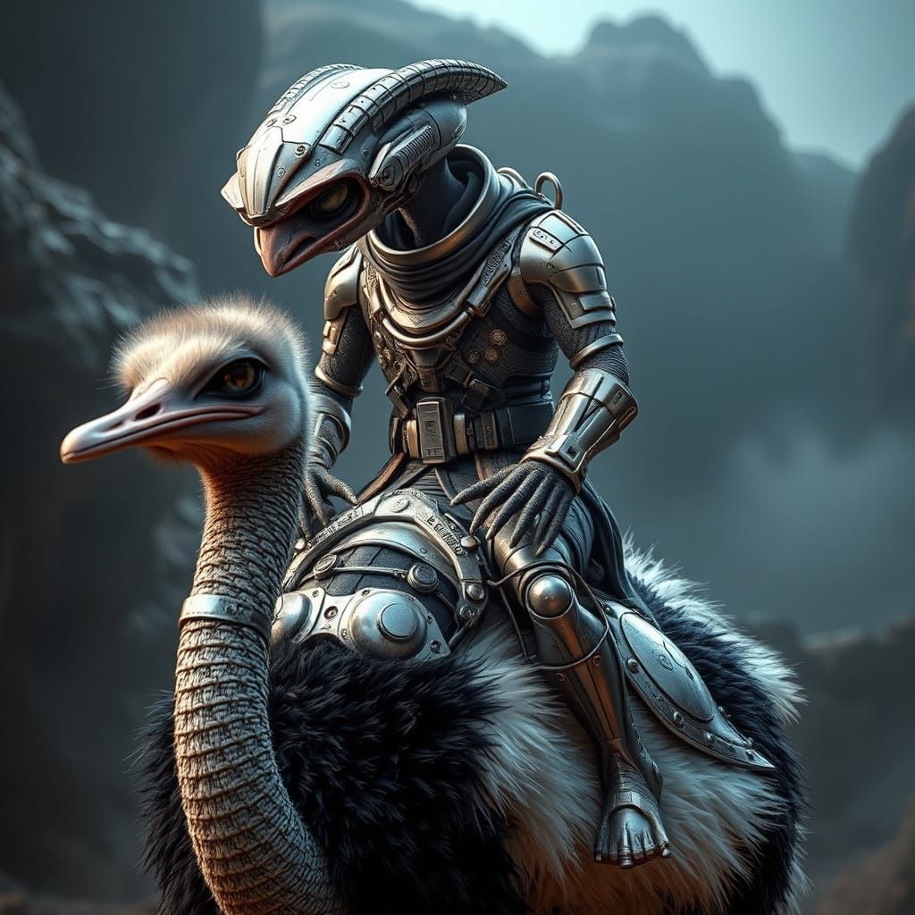 Alien Rides Ostrich with Sci-Fi Mech Enhancements