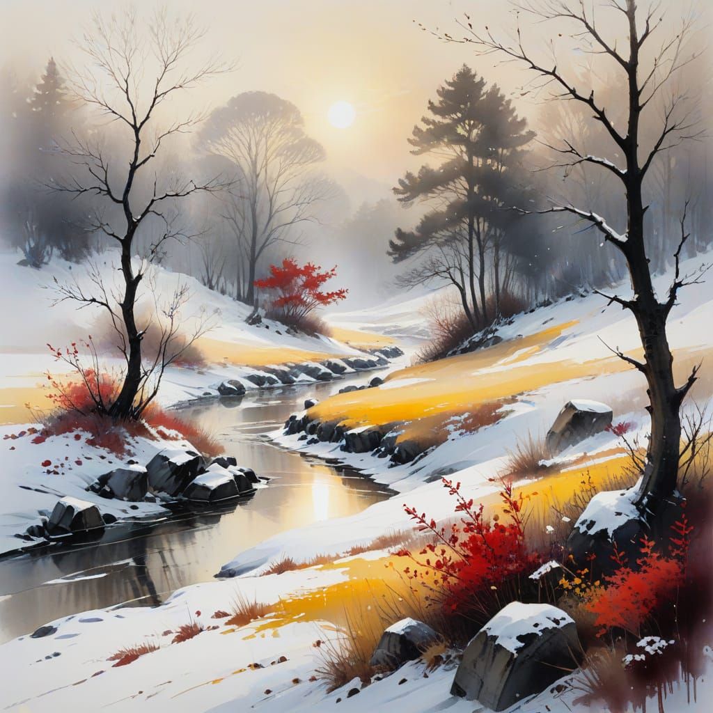 Surreal Winter Landscape Painting with Ethereal Light