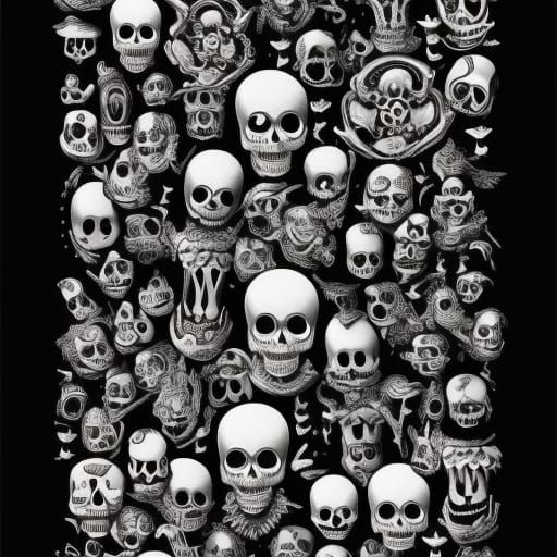 Intricate Skeletons Collage in Splash Art Style