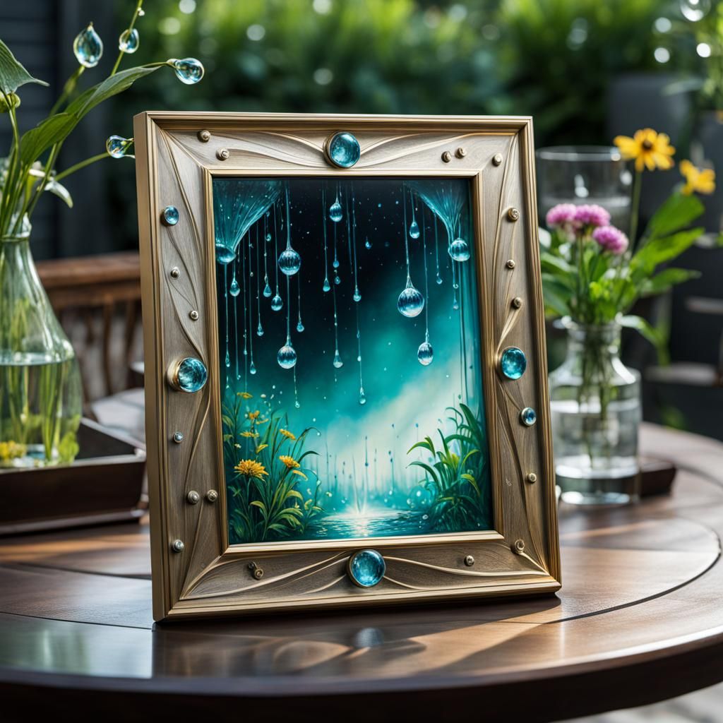 Picture Frame with Dewdrops in Bright Futuristic Style