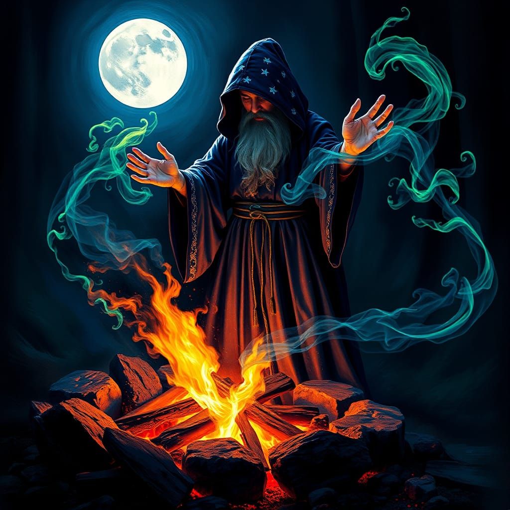 Wizard Casting Spell with Fire and Moonlight