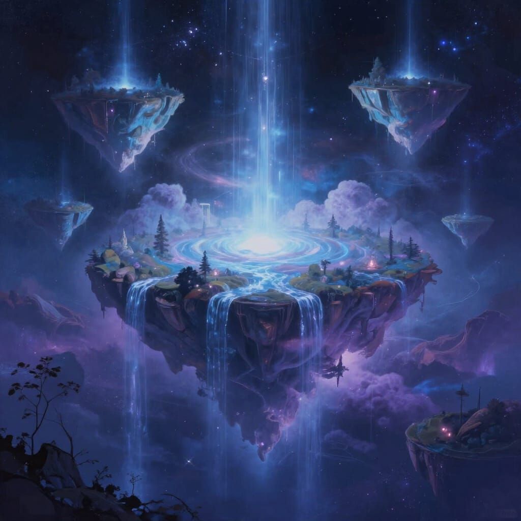 Dreamy Sci-Fi Floating Islands in Cosmic Space