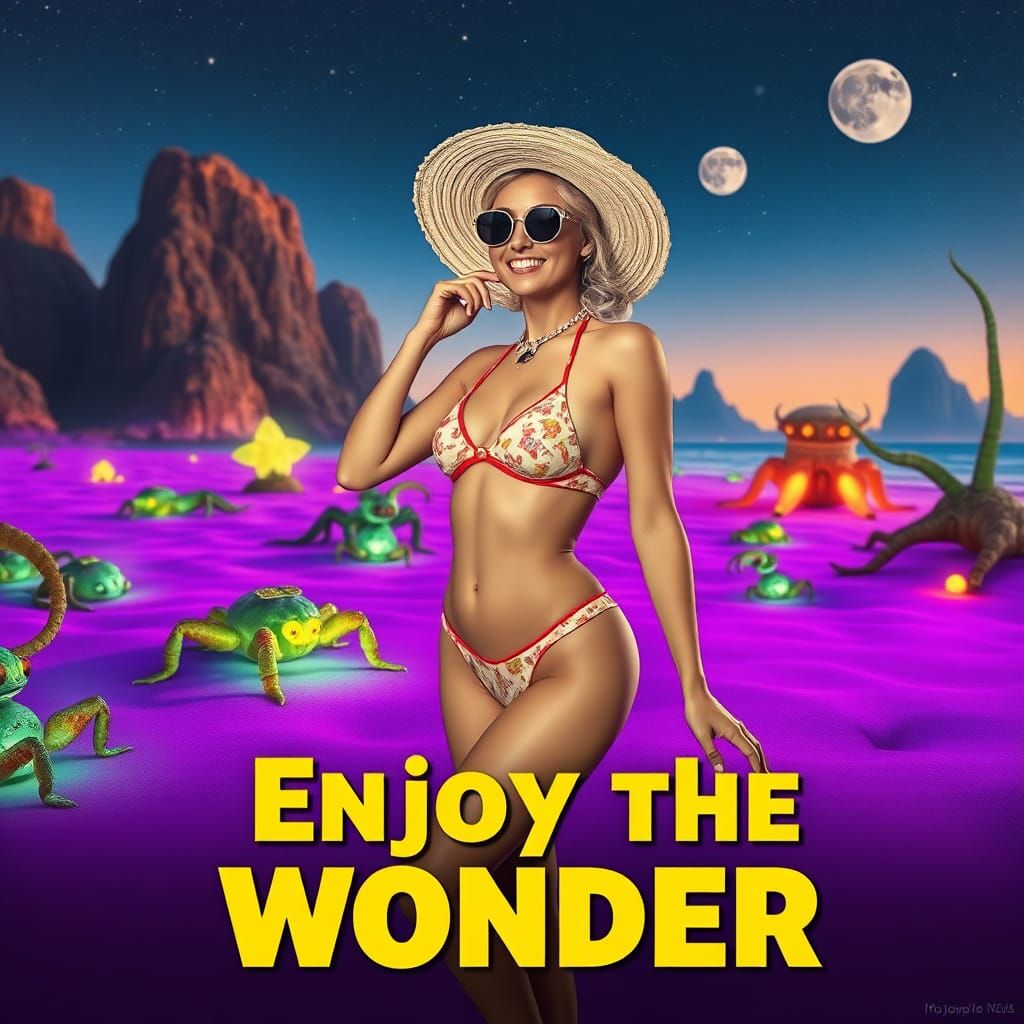 Retro Vacation Ad on Bioluminescent Alien Beach