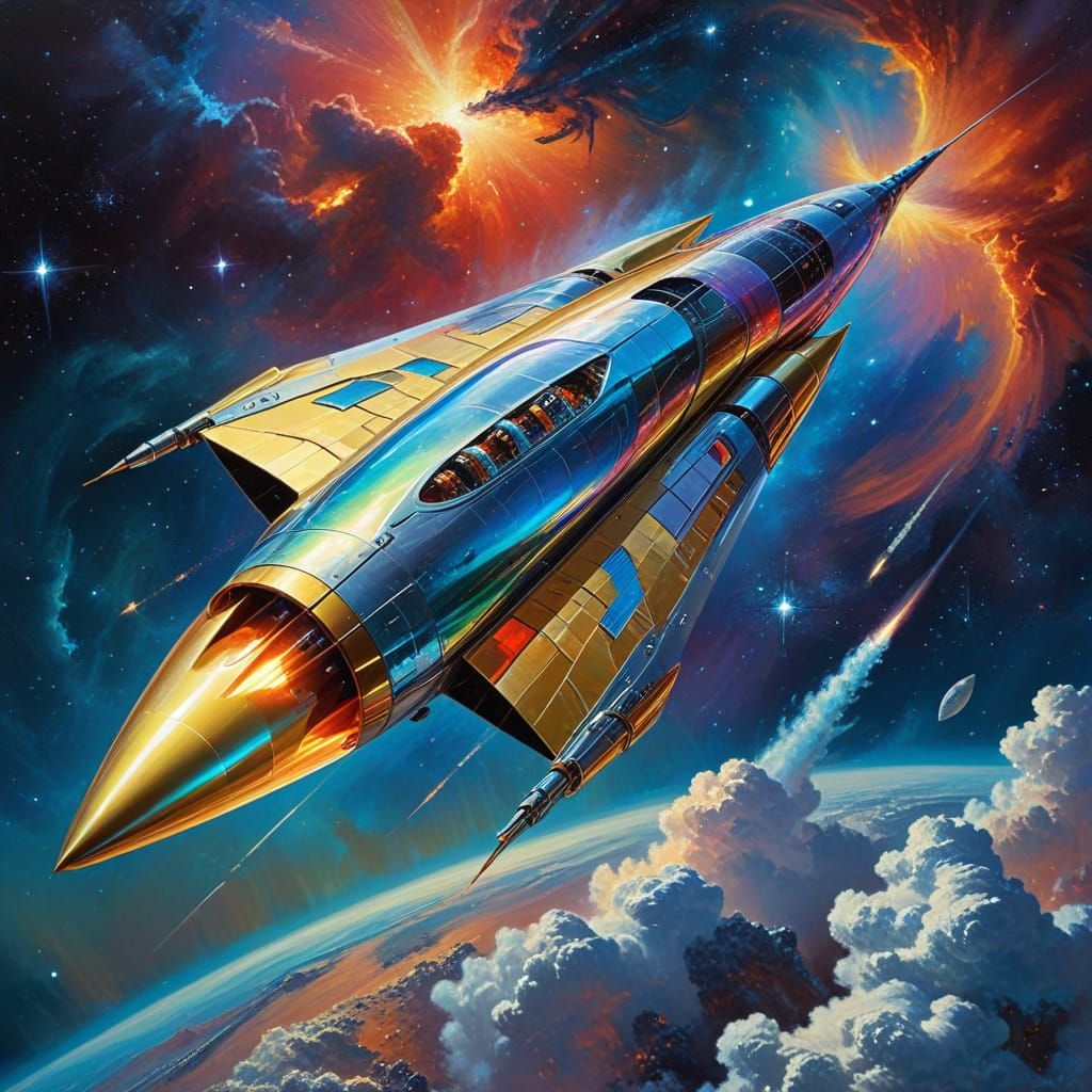 1950s Sci-Fi Rocket in Space as Oil Painting