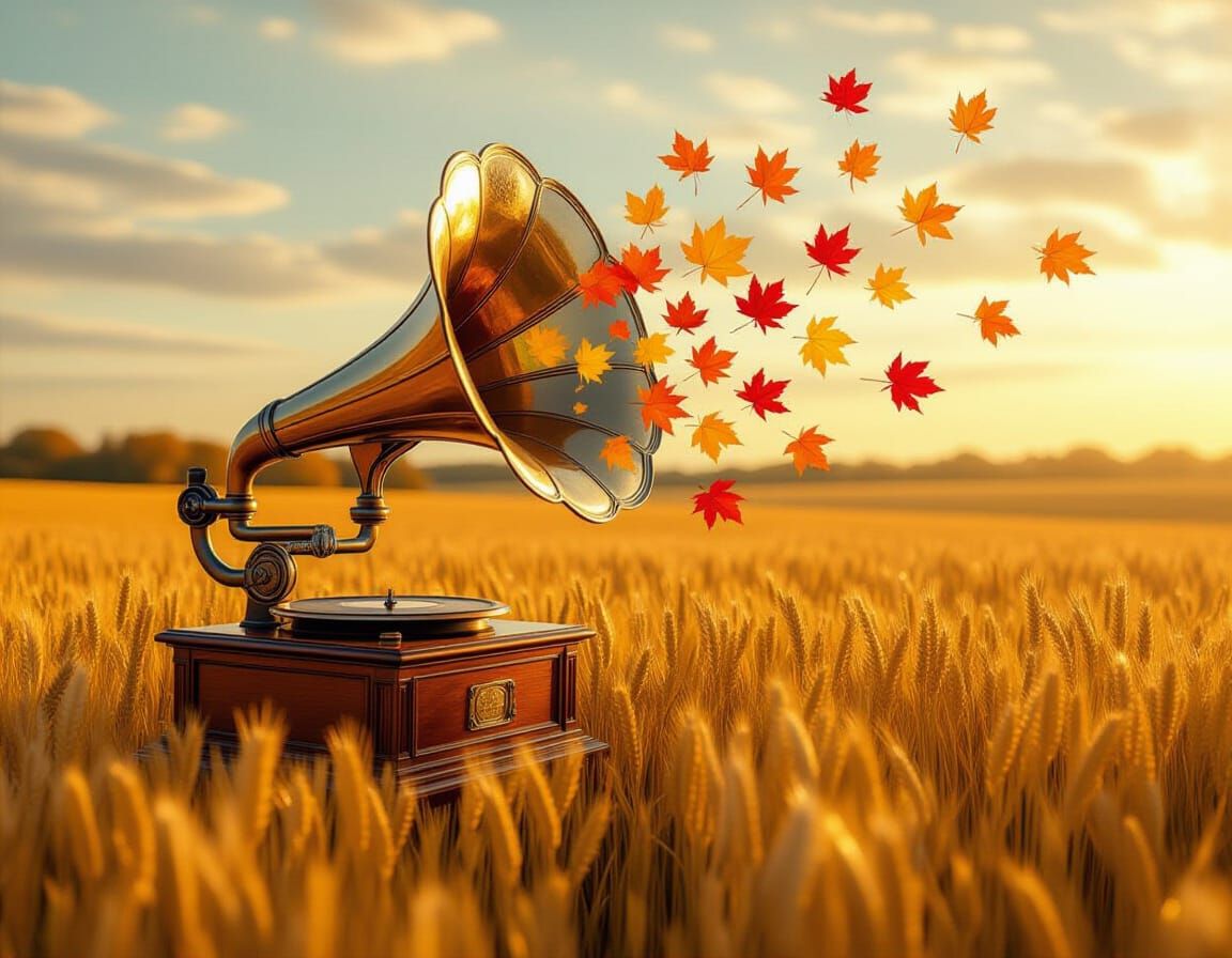 Surreal Autumn Harvest Scene with Gramophone and Leaves